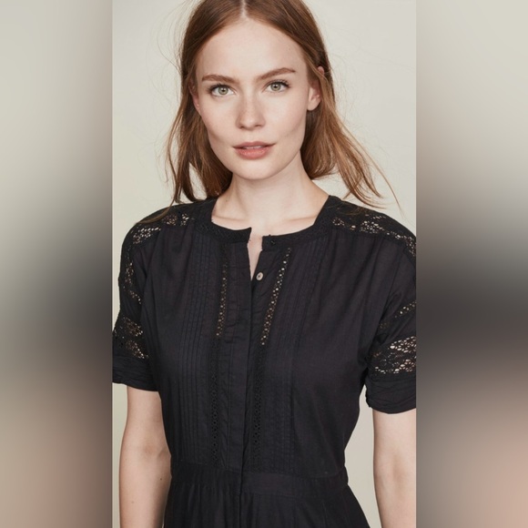 LoveShackFancy Black Cotton Edie Lace Short Sleeve Midi Shirt Dress Size Medium - Picture 4 of 9